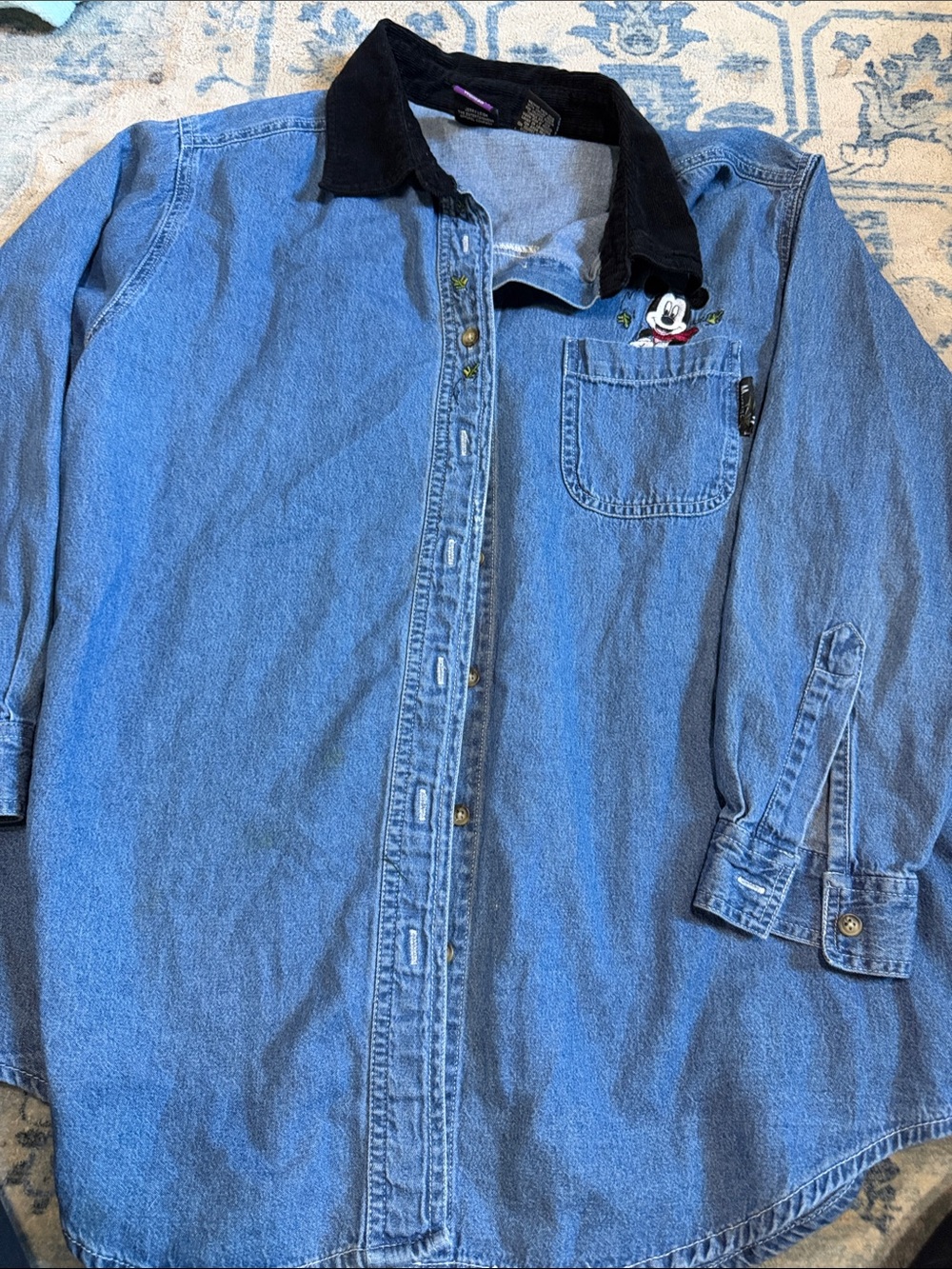 Disney Blue Denim Jacket with Black Corduroy Collar and Mickey Patch
